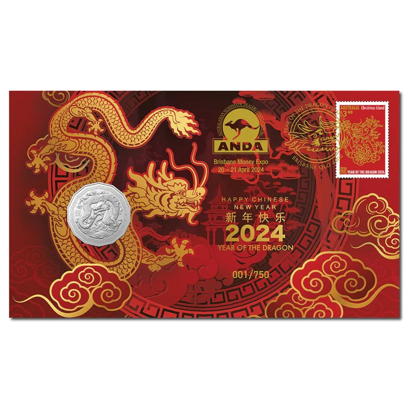 Australia ANDA Brisbane Money Expo 2024 Perth Mint ANZAC $1 & 2024 Lunar Dragon 50c Stamp & Coin Cover Matching Numbers ANDA Overprint 750 Made