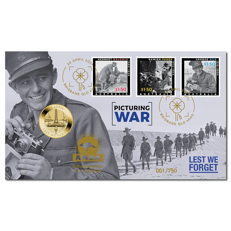 Australia ANDA Brisbane Money Expo 2024 Perth Mint ANZAC $1 & 2024 Lunar Dragon 50c Stamp & Coin Cover Matching Numbers ANDA Overprint 750 Made