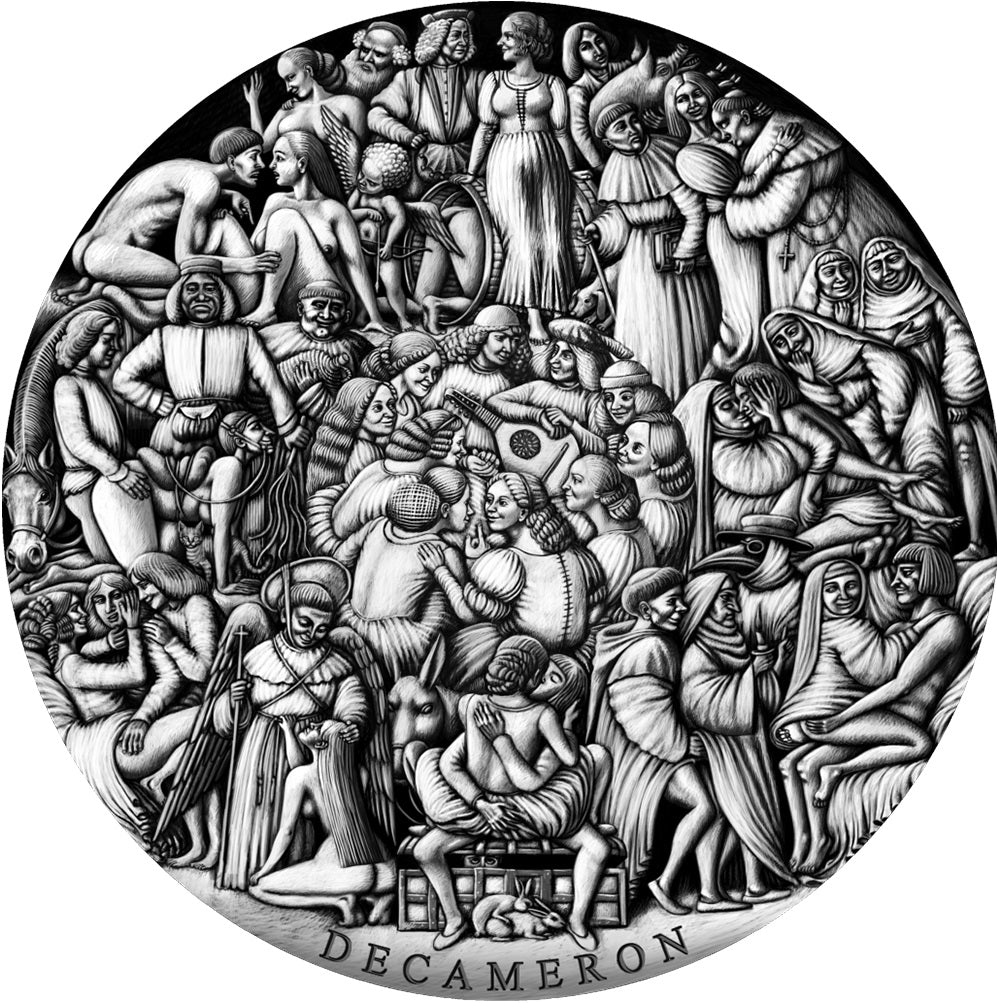 A silver coin with high relief design featuring multiple characters from the Decameron by Giovanni Boccaccio, encased in a round, black book-shaped box.