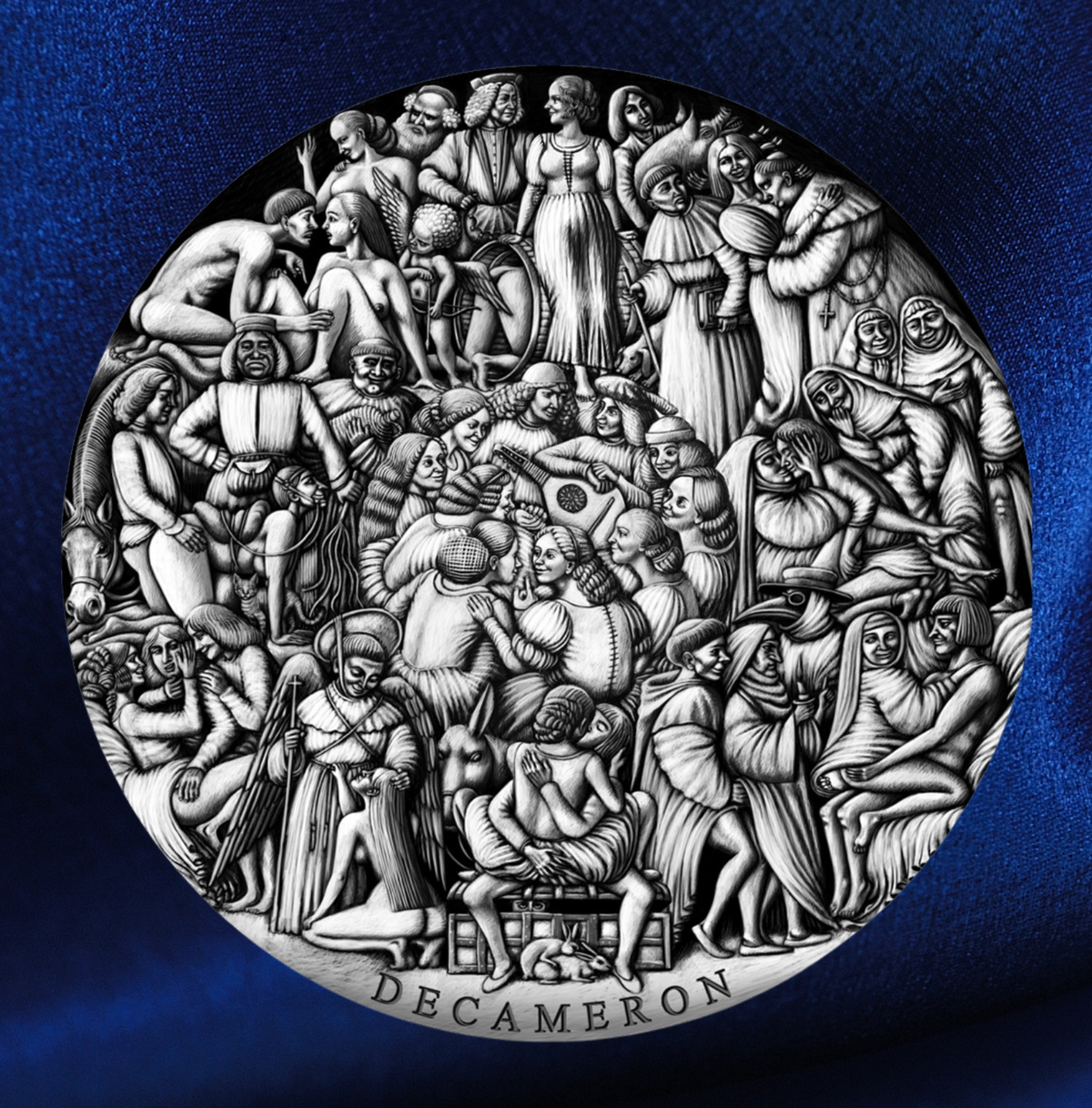 A circular silver-toned medallion featuring a highly detailed classical-style relief scene with many human figures, set against a deep blue textured fabric background. The word 'DECAMERON' is engraved along the bottom edge.
