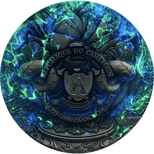 Decorative coin with intricate design and text, featuring a blue and green color scheme.