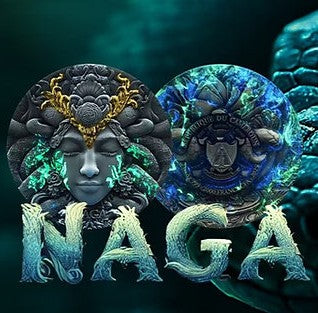 Decorative design with a face-like figure and 'Naga' text on a dark background