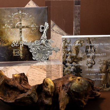 Cameroon 2025 2000 Francs CRUCIFIXION of ST. PETER - 12 Apostles Series 2oz Antiqued Silver Mintage:199