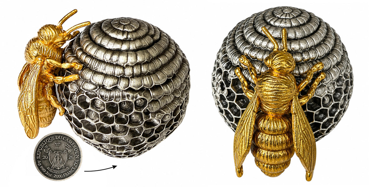Cameroon 2026 2000 Francs CFA Bee - Rulers of the Nest 2 oz Silver Coin Certificate with Specifications and Hologram security seal Certificate 2- 3 Views of the Coin- The Base of the Beehive or Obverse, Side view of Beehive with Gold Bee on It, and Front view of Beehive with Gold Bee showing boyth Wings