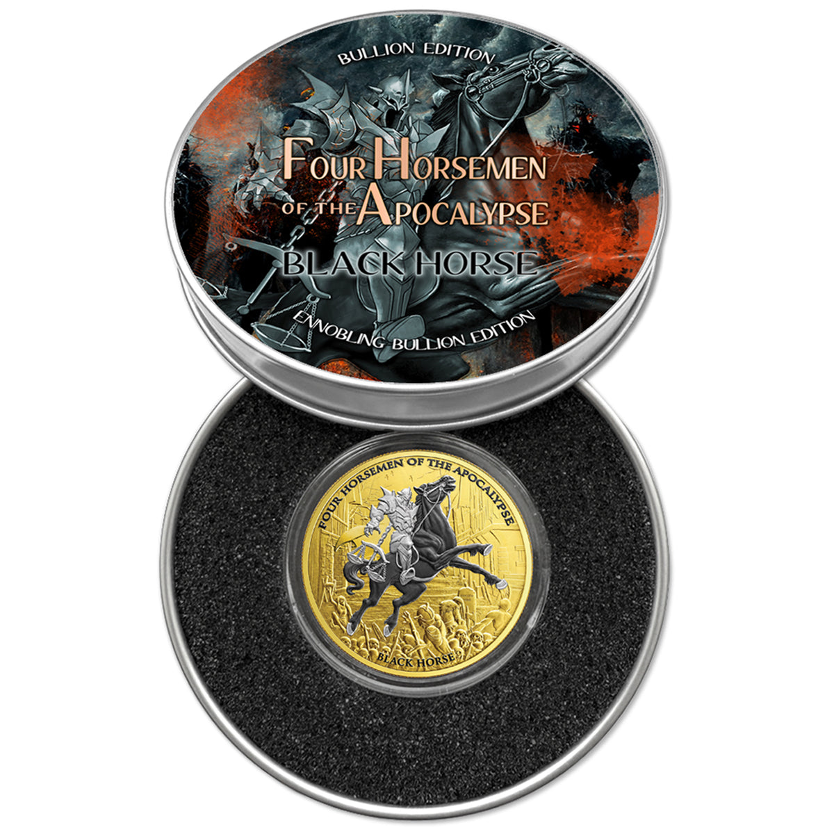 Carpathians 2026 5 Thalers Black Horse Ennobling Bullion 1 oz Silver Coin Colourful Tin Case opened and howing Gold ennobled Coin sitting in it's capsule surrounded by protective black foam.