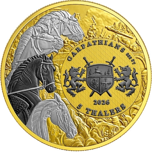 A round commemorative coin with a gold-toned outer ring and a detailed central design featuring horses, a shield, lions, and the text 'GARPATHIAN'S Ag 999 2026 5 THALERS', shown against a red satin fabric background.