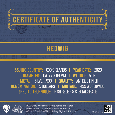 Certificate of Authenticity for a silver coin featuring Hedwig from 'Harry Potter' series on a blue background.