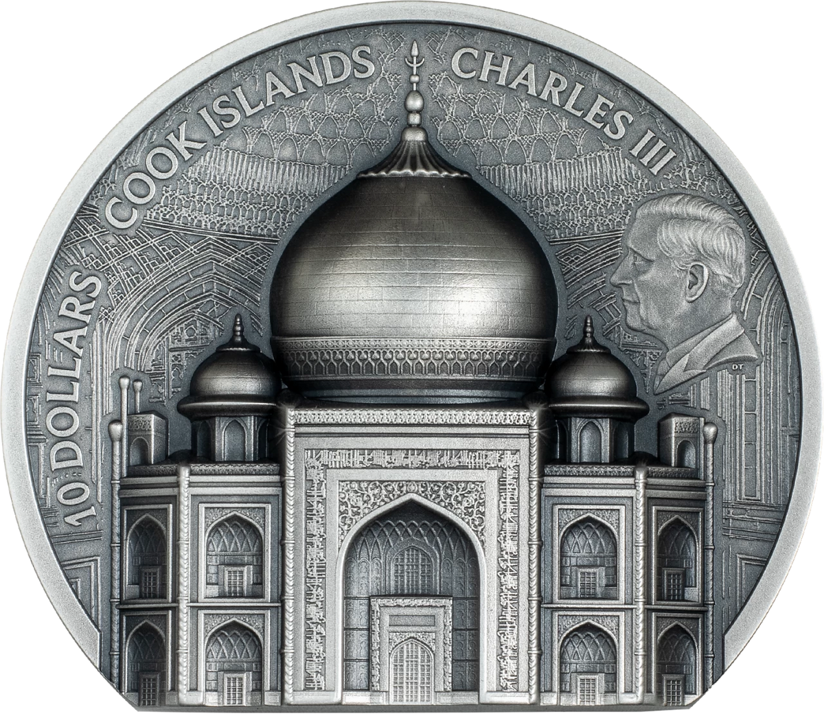 Detailed frontal view of the Taj Mahal coin obverse, showing King Charles III, interior arch patterns and Cook Islands 10 Dollars inscriptions
