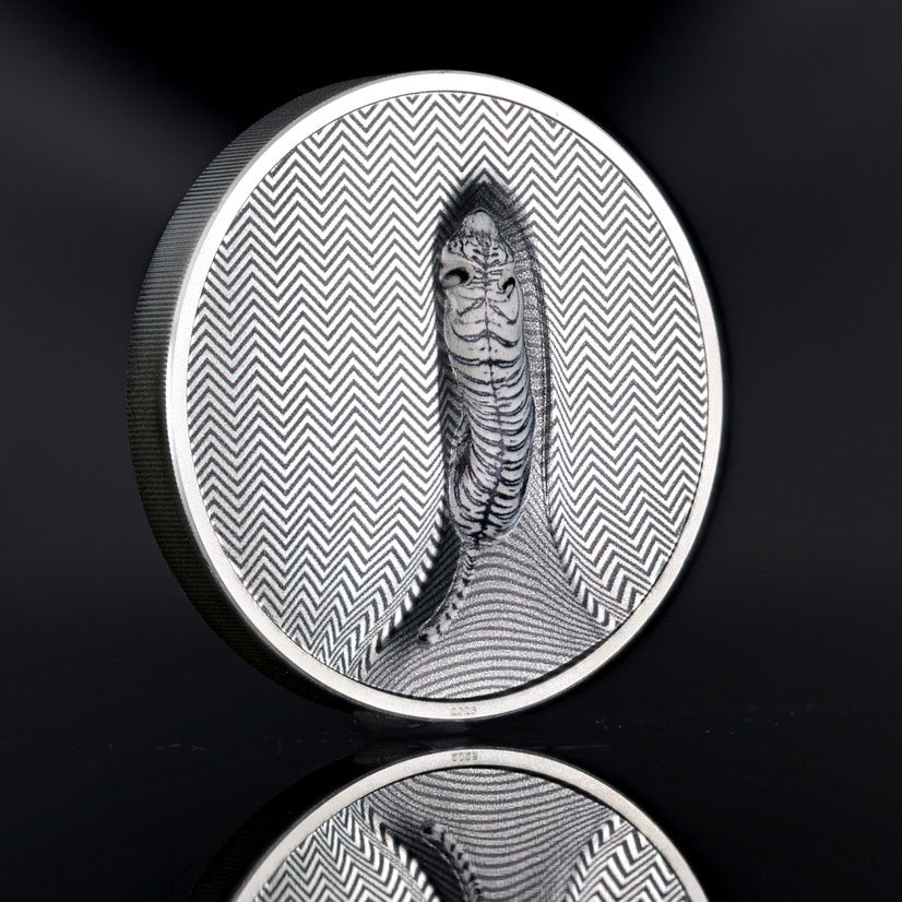Cook Islands 2026 Tiger 3oz silver coin, showing a white tiger amid striped camouflage on a reflective black surface.