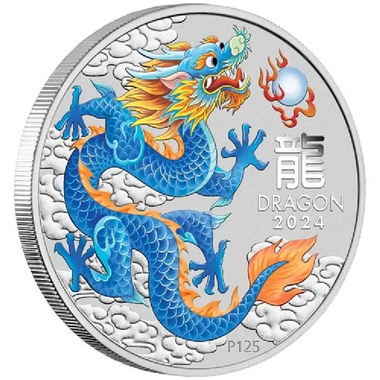Australia 2024 Lunar Series III $1 Year of the Dragon Blue 1oz .9999 Silver Coin in Card Perth Mint