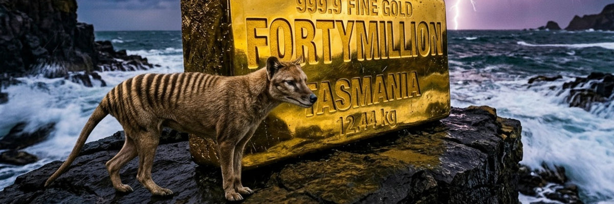 A large goldenForty Million fine gold mark in Tasmania, Australia, standing on a rocky coast with ocean waves and a wild dog standing in front of it.