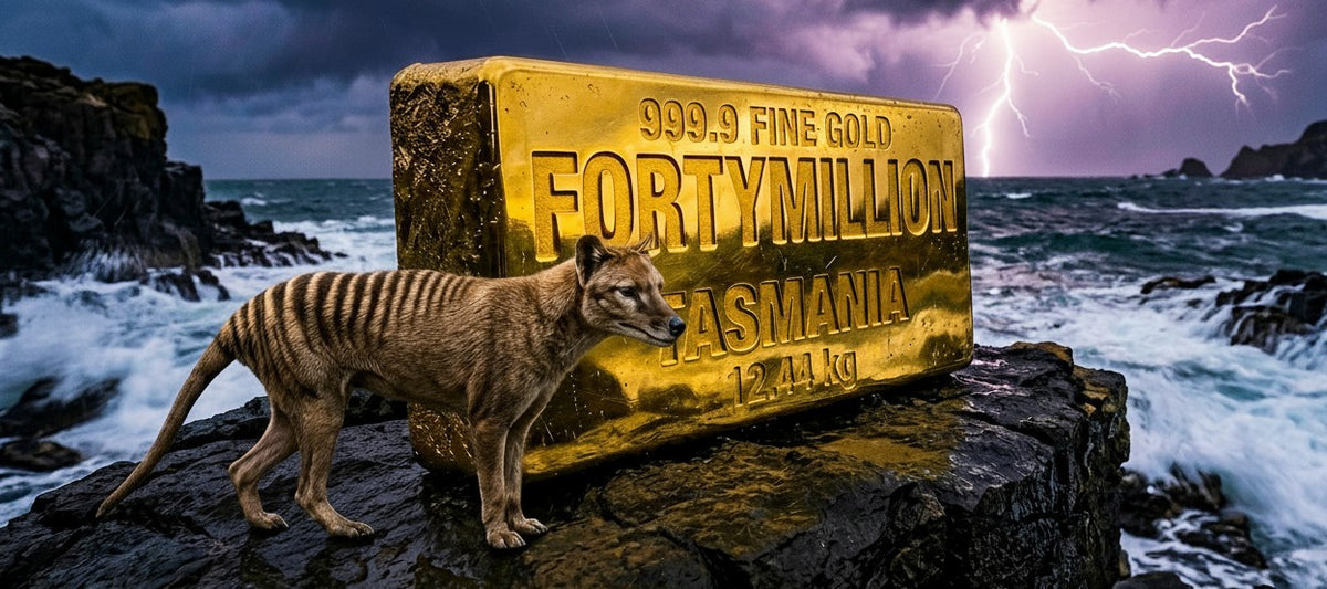 On a stormy skyline, lightening fractures the sky with a pink hue of light, Waves lap around a wet rock. Upon the rock a rare creature, a thylacine stands in front of a rare 12.44 kg FORTYMILLION emblazoned Gold Bar. The gold bar is stamped with '999.9 FINE GOLD FORTY MILLION 12.44 kg'.