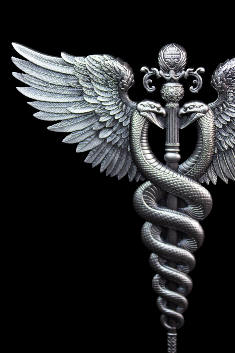 KOMSCO South Korea 2025 DIVINE WEAPONS Winged Staff 2.5 oz .999 Antiqued Silver Stacker