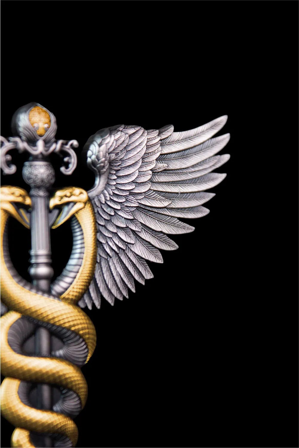 KOMSCO South Korea 2025 DIVINE WEAPONS Winged Staff 2.5 oz .999 Gilded Antiqued Silver Stacker