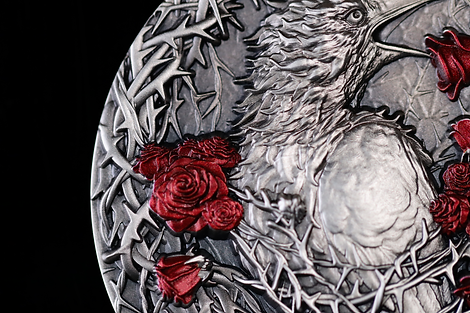 Gabon 2025 3000 Francs CFA Greater Thorn Bird 3oz .999 Antique Silver High relief Box Detail