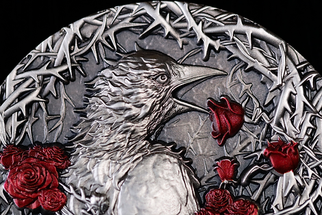 Gabon 2025 3000 Francs CFA Greater Thorn Bird 3oz .999 Antique Silver High relief Box Detail Detail UHR Banner Reverse Detail 4
