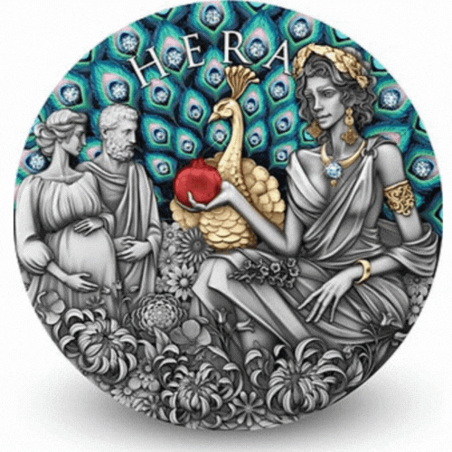 Niue 2025 $5 HERA - Divine Beauty Series - 2 Oz .999 Silver Coin with 23 x Aquamarine embedded Crystals