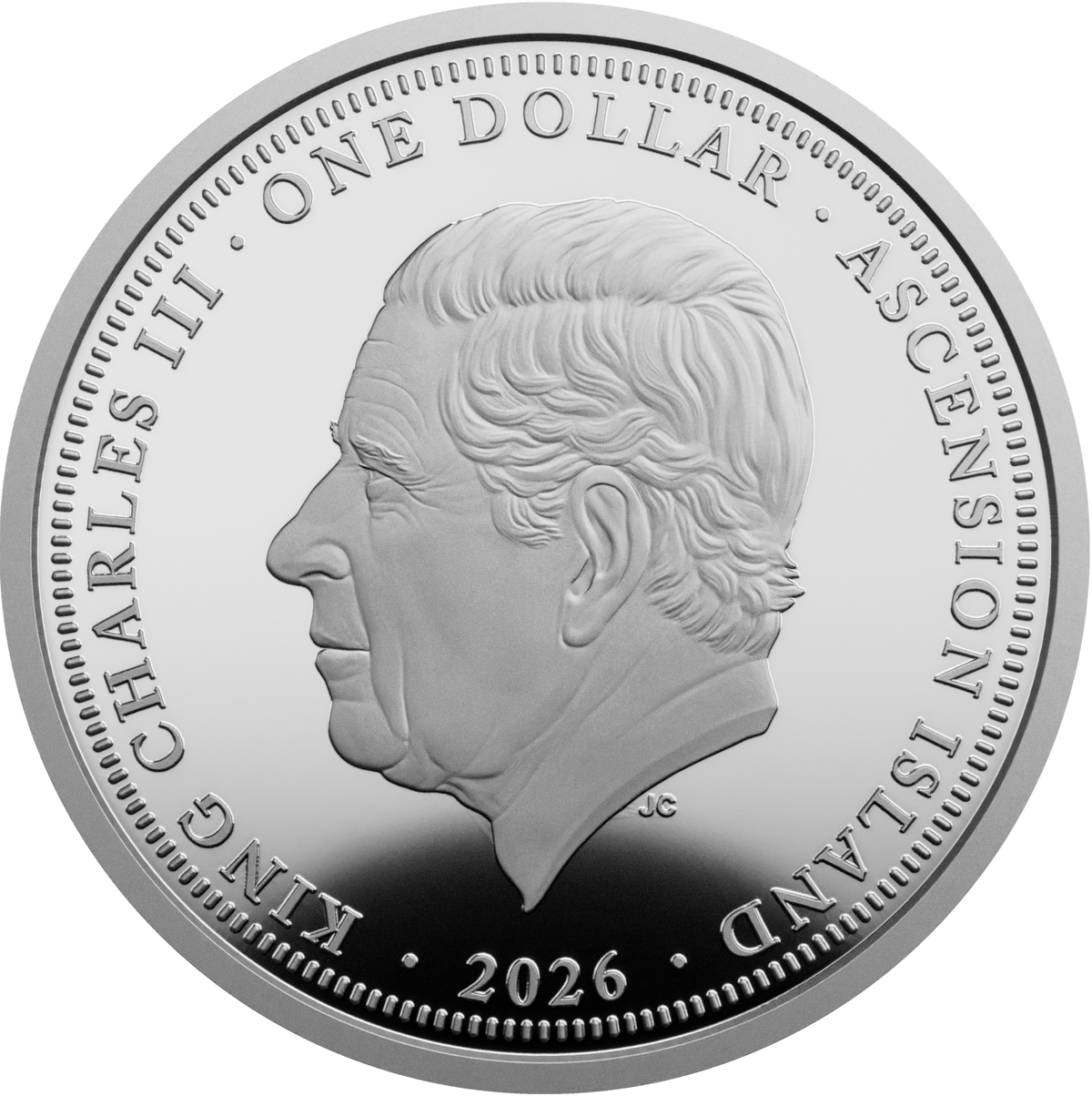 A round silver coin featuring a profile portrait of King Charles III, with raised text reading 'ONE DOLLAR', 'ASCENSION ISLAND', 'KING CHARLES III', and '2026' around the edge.