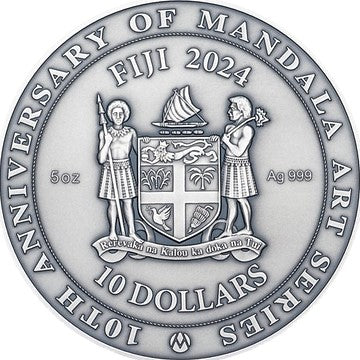 Fiji 2024 $10 Special Edition Mandala Art 10th Anniversary 5 Oz High Relief Silver