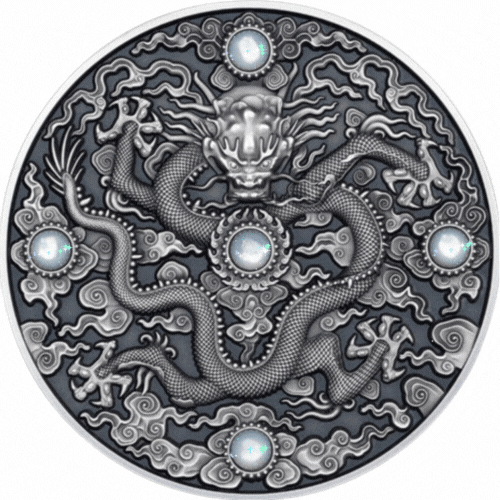 Niue 2023 $5 Chinese Dragon Art 2oz Antique Silver High Relief Coin with Jasper Stones 200 Minted