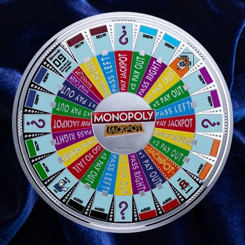 Colorful Monopoly spinner with various game actions on a blue satin background