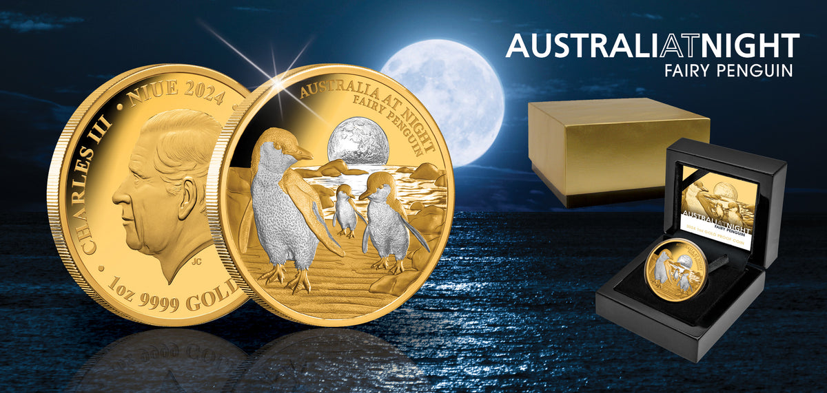 Niue 2024 $100 Australia at Night Fairy Penguins 1oz .9999 Gold Proof Coin