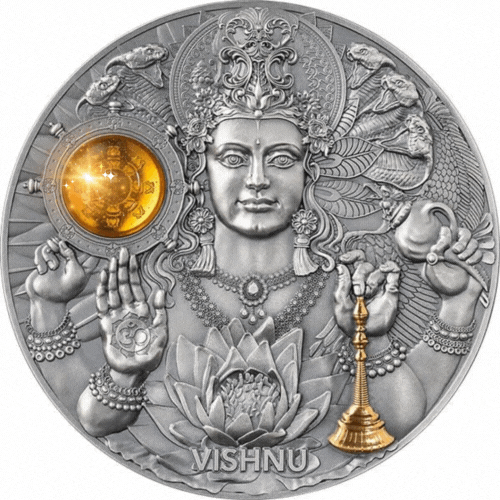 Niue 2023 $5 Vishnu Divine Faces of the Sun 3oz Antique finish .999 Gilded Silver Coin