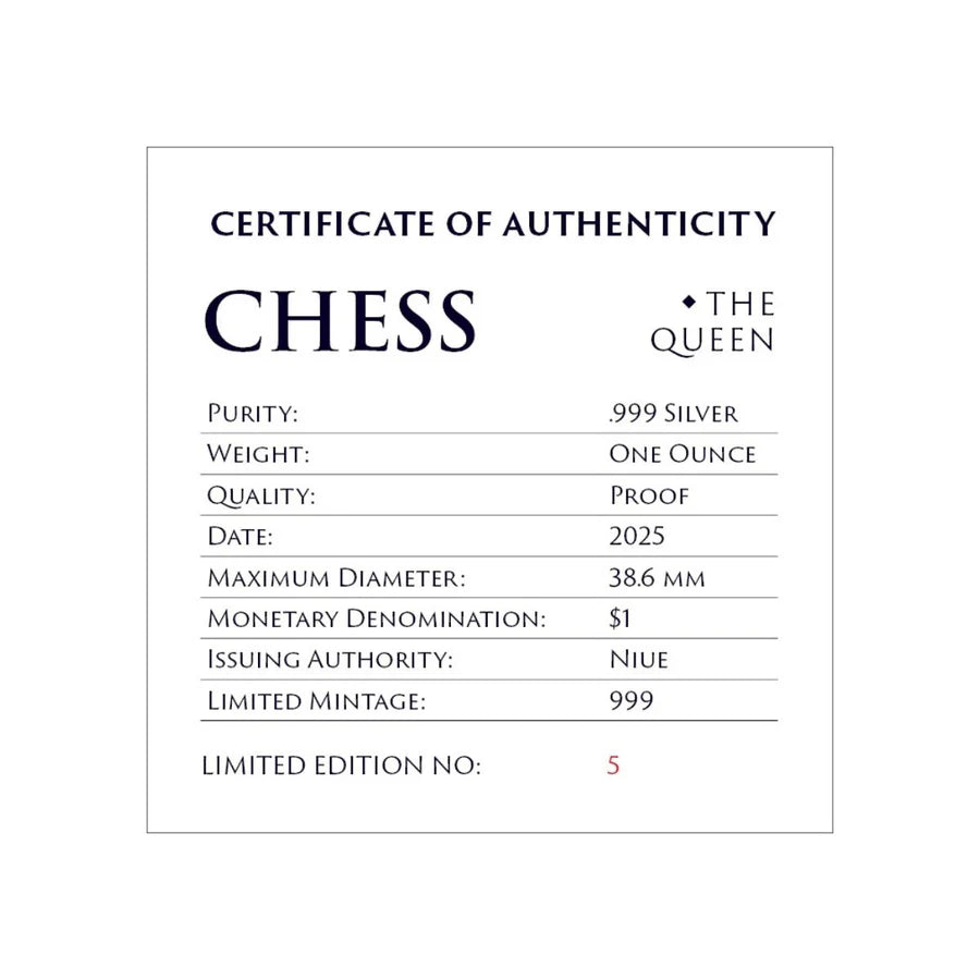 Certificate of Authenticity for a chess-themed silver coin with details.