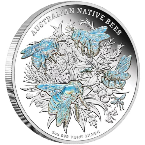 Niue 2026 Native Australian Bees 5 oz silver proof coin showing angled view of the bee design and a reeded rim.