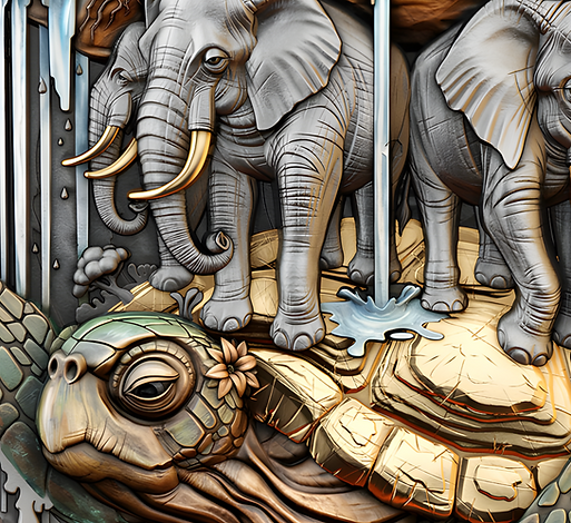 Detail: Close-up of Akupara’s elephants, waterfall and turtle with gold-toned details.