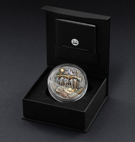 Presentation Case: Akupara silver coin in a capsule inside an open black presentation case.
