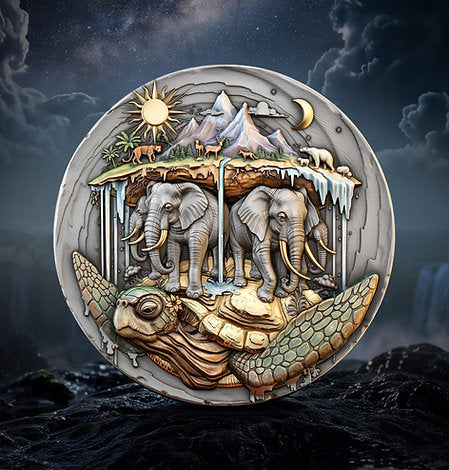 Stormy backdrop: Akupara coin reverse against a stormy sky and a dark rocky landscape.