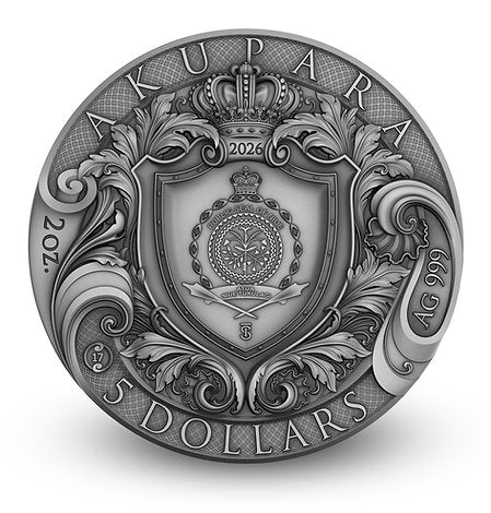 Obverse: Akupara 2026 coin obverse with crowned shield, ornate scrollwork and 5 Dollars inscription.