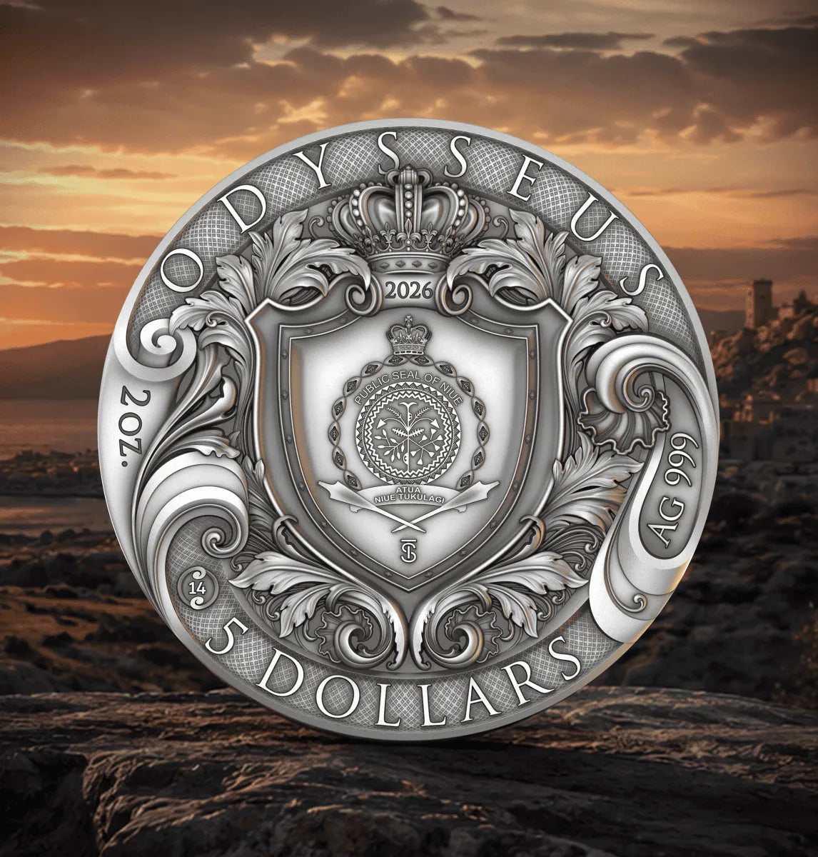 Obverse, sunset backdrop: Odysseus coin obverse with the Public Seal of Niue, ornate shield and crown, 2026 date and five-dollar denomination.