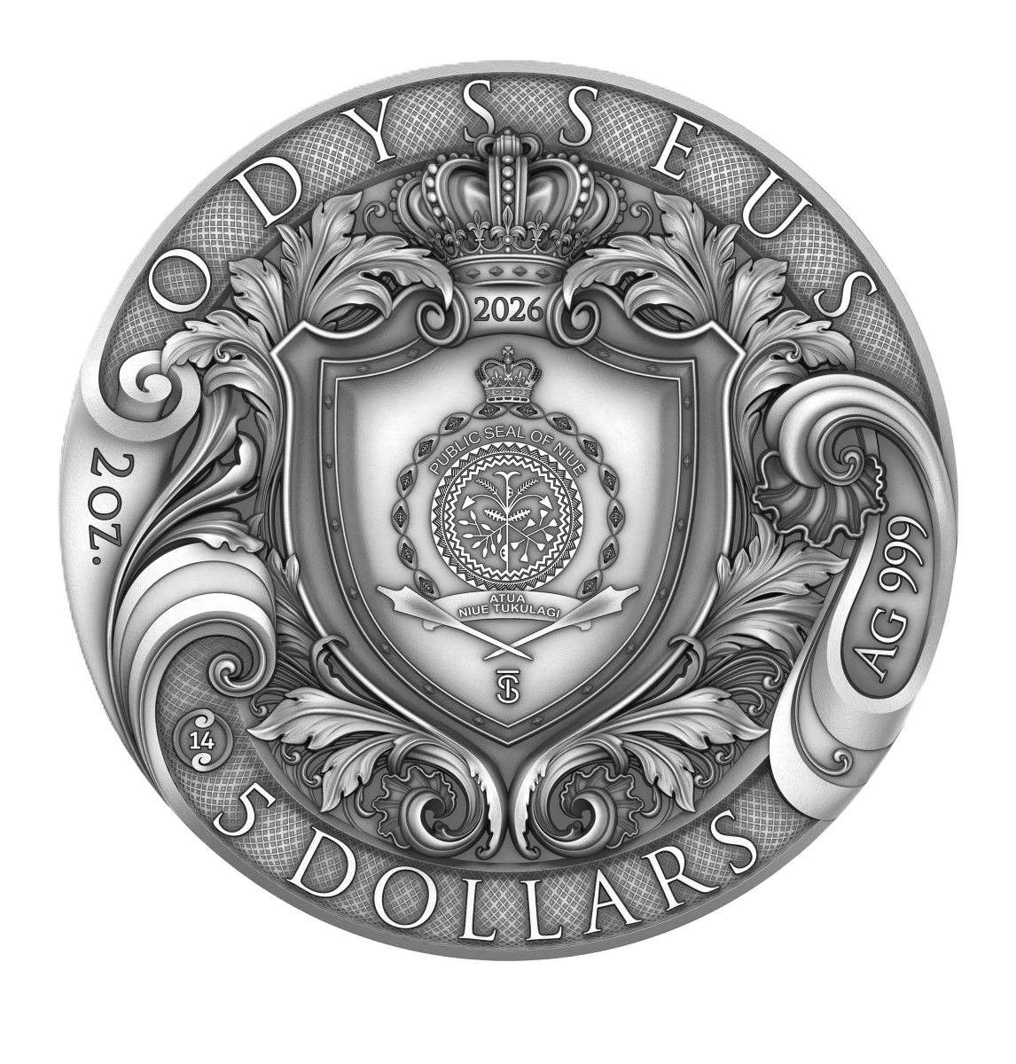 Full obverse: Odysseus coin obverse showing the Public Seal of Niue within an ornate crowned shield, with weight, purity and denomination.