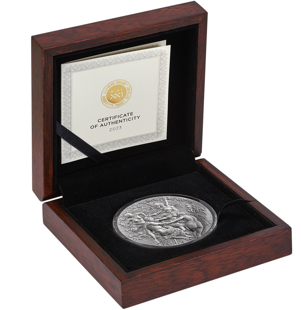 Cameroon 2023 5000 Francs NYMPHS AND SATYR Celestial Beauty 5 Oz Antique Silver Coin