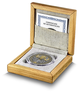 Silver coin with certificate of authenticity in a wooden box