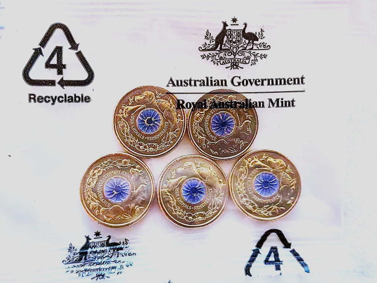 2 x Australia 2024 $2 WAR ANIMALS PURPLE POPPY RAM Bag of x 5 Coins