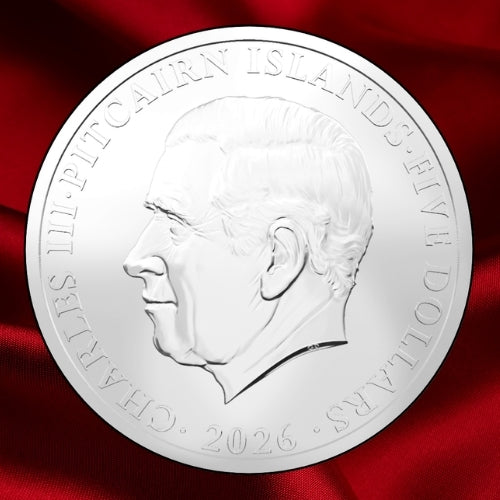 Obverse: King Charles III portrait on the 2026 Pitcairn Islands five-dollar Bake-Kujira silver coin.