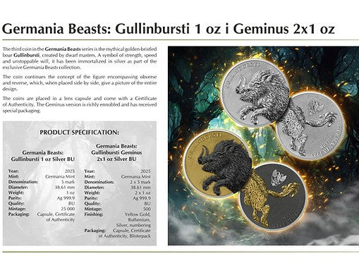 Germania Mint 2025 Germania Beasts: Gullinbursti Geminus 2 X 1oz .9999 Silver Gold and Black Edition