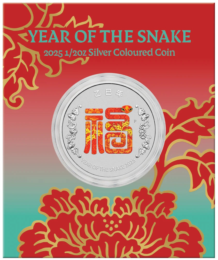 Australia 2025 50 Cents Year of the Snake 'Fu' - Prosperity 1/2oz Silver Coloured Coin in Card PERTH MINT