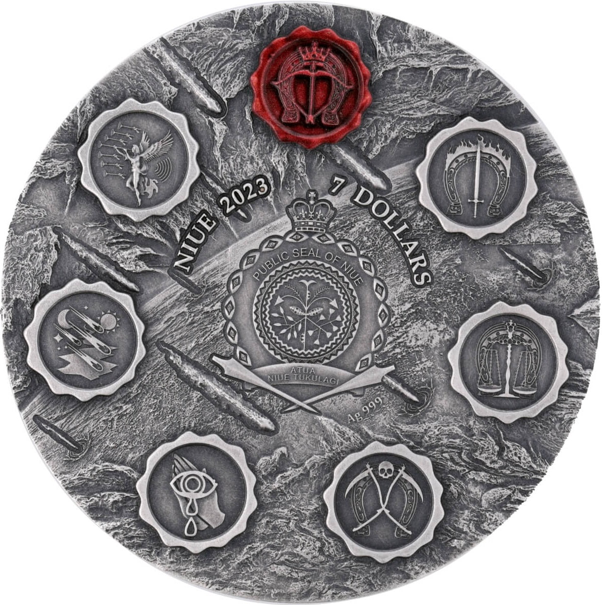 Niue 2023 $7 WHITE HORSE of VICTORY Seven Seals of the Apocalypse 3 Oz .999 Coloured and Gilded Obverse Antique Silver Coin Obverse