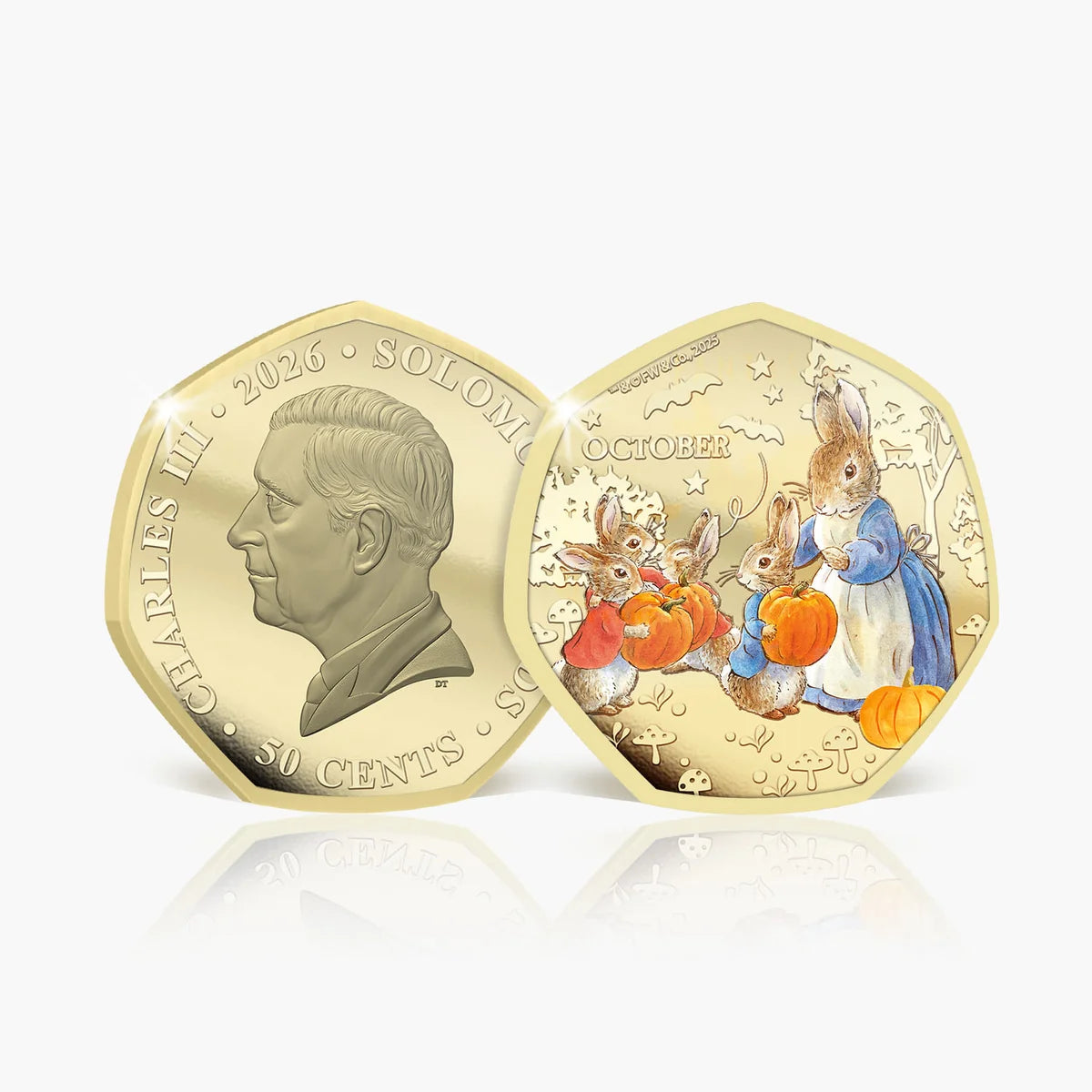Solomon Islands 2026 50c October coin showing rabbits with pumpkins beside the King Charles III obverse