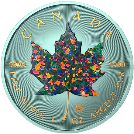 Canada 2023 $5 3D Opal Canada Maple Leaf 1oz .9999 Silver Space Teal Green with Radiant Opal Stone MYSTERY GOLD COIN in ONE PACK