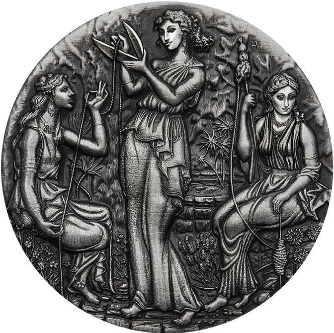 A silver coin with a detailed relief design featuring three ancient goddesses, Clotho, Lachesis, and Atropos, from Greek mythology, within a grove setting.