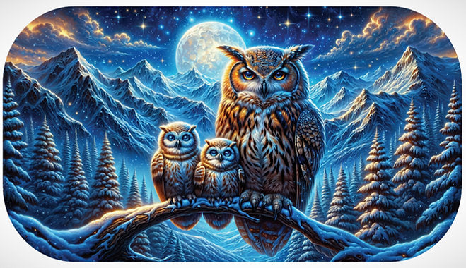 An artistic representation of three owls perched on a branch with a mountainous landscape and a full moon in the background, depicting a serene night scene.