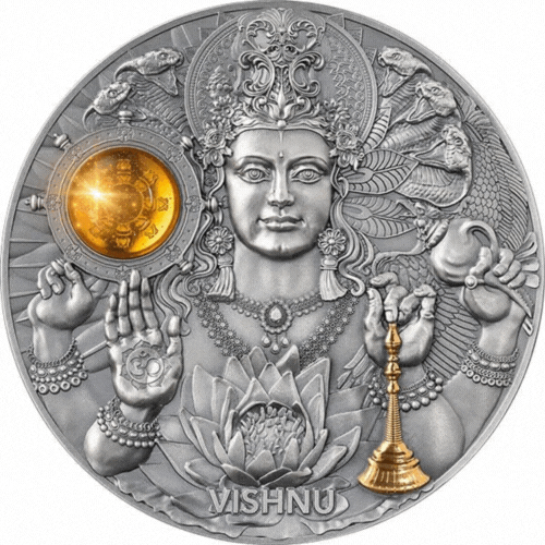 Niue 2023 $5 Vishnu Divine Faces of the Sun 3oz Antique finish .999 Gilded Silver Coin