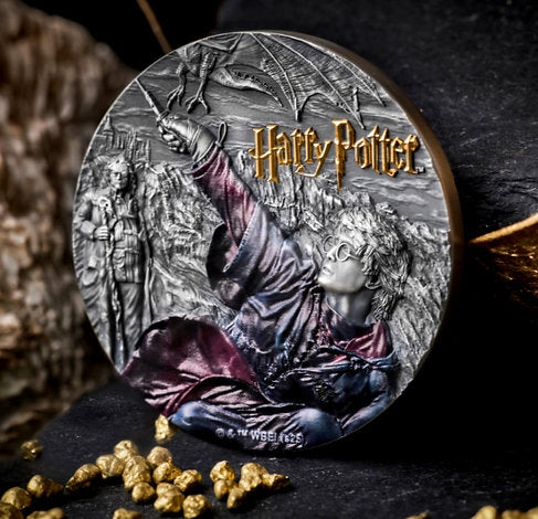 Harry Potter-themed coin with detailed design on a dark background