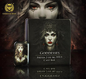 Germania Mint 2024 Goddesses: FREYJA- Certificate and Coin Number # 800 2 oz 999.9 Antique Silver Cast Bar