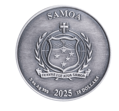 Silver coin with Samoa emblem and text on a white background